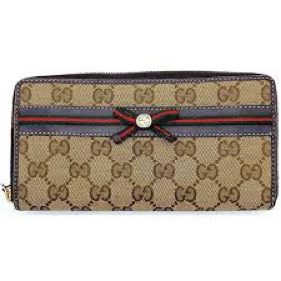 Gucci Handbags - GUCCI Sherry Line GG Canvas & Leather Bow Detail Zip Long Wallet Beige Brown